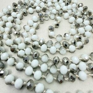 Long Hand Knotted Faceted Glass Bead Necklace White Silver‎ Ombre Flapper Rope